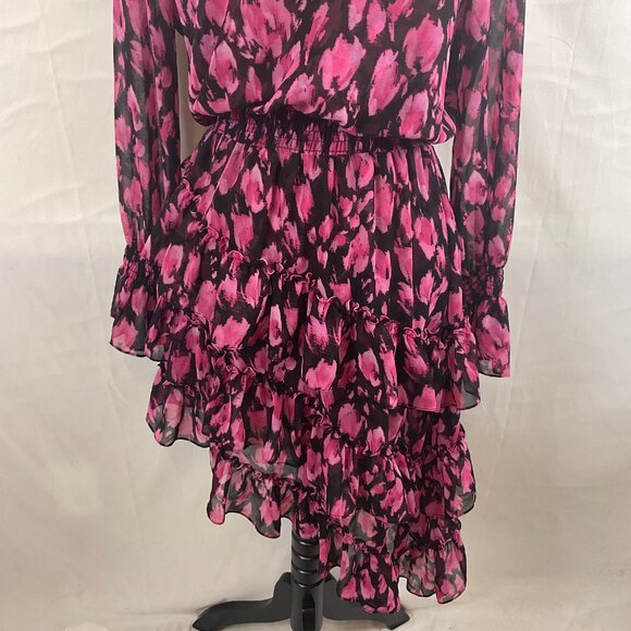 Misa Dress M Black Pink Print Gathered Neck Sleeves Waist Ruffle Long Semi-Sheer - Picture 4 of 13
